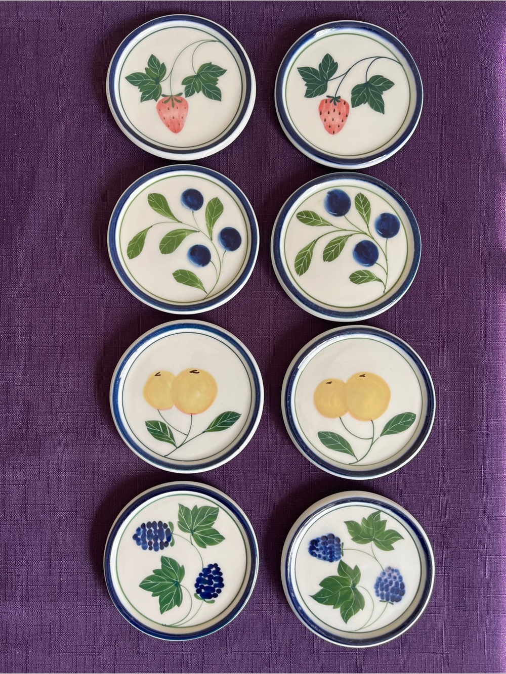 Dansk Berries Set Of (8) 3 7/8” Coasters Hand Painted  Porcelain